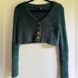American Eagle Super Cropped Fur Cardigan - Small Dark Green